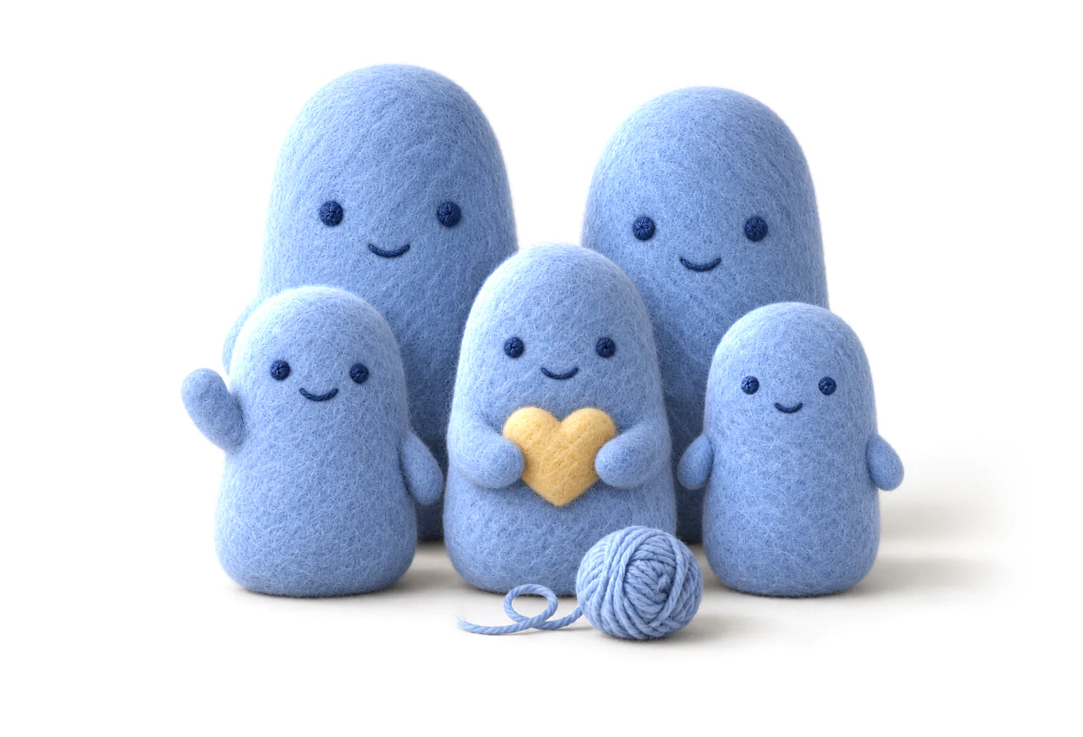 Five felted Humlets in forget-me-not blue wool stand close together and smile with stitched navy faces: two tall ones at the back, three small ones in front. One waves, the one in the middle hugs a butter-yellow felt heart, and a ball of blue yarn rests at their feet.